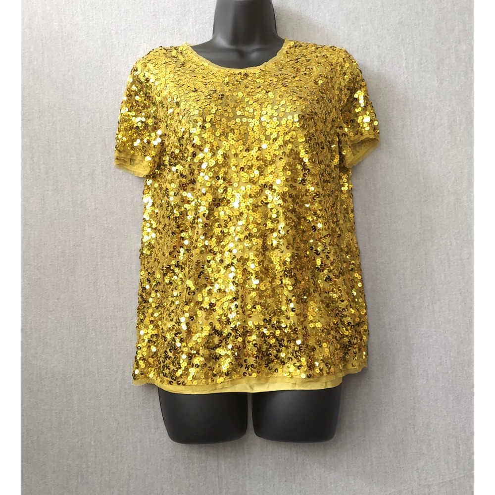 DKNY Gold Y2K Sequin Mesh Glam Top 10 Party Cocktail Eveningwear Bling Going Out